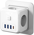 Prise USB Secteur Multiple Murale Cube 7 en 1 Chargeur USB avec 3 Sortie AC, 4000W et 1 Type C et 3 Ports USB Prise Murale Electrique Idéal pour Salon Bureau Chambre