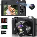 4K Digital Camera for Photography, 64MP Autofocus Vlogging Camera for YouTube with Selfie Lens, Compact Travel Video Camera with Flash, 16X Zoom, Anti-Shake, 32GB Card, 2 Batteries