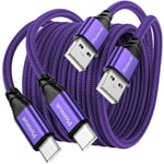 Lot de 2 câbles USB C de 3 m + 3 m,câble de charge USB de type C en nylon tressé pour manette PS5,manette PS5 DualSense,Xbox Series X/S,Sony,Samsung Galaxy S20 S21,Nintendo Switch (violet)