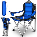 TRESKO® Chaise de Camping Pliante et transportable | jusqu'à 150 kg | Chaise de pêche Portable avec accoudoirs et Porte-gobelets (Bleu)