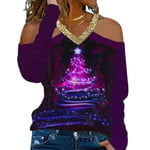 Kvinnor jul älgträd printed T-shirt blus Xmas kall axel V-ringad Långärmad Casual skjortor Toppar Plus Size Purple L