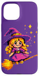 Coque pour iPhone 15 Pixelated Petite sorcière violette sur un balai pour enfants