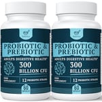 300 Billion CFU Probiotics for Digestive Gut & Immune Health, Advanced Strength Probiotics with 12 Diverse Strains + 3 Prebiotics for Women & Men (60 Count (Pack of 2))