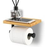 Porte Papier Toilette avec Etagère Bambou Salle de Bain Porte Rouleau en Acier Inoxydable SUS304 Support Mural Noir Mat,Version percée