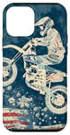 Coque pour iPhone 12 mini Bleu Bohème Ethnique Motocross Drapeau Américain Dirt Bike Rider