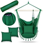 tillvex Hamac Chaise Suspendu 200kg | Chaise Relax à Franges - Intérieur et Extérieur | Hamac avec Coussins Confortables de Siége | Kit de Suspension (Vert, avec 2 Coussin)