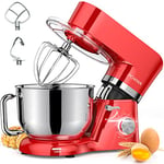 Robot Pâtissier, POWWA 1500W Pétrin Professionnel, Silencieux Robot de Cuisine Multifonctionn Pétrisseur avec Batteur Électrique, Batteur, Fouet, Couvercle, Bol 6.2 L-Rouge