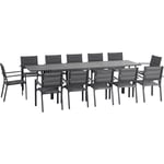 Ensemble de jardin 12 personnes chaises empilables table extensible 200/300L cm alu. textilène gris