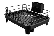 Amig - Vika Extendable Dish Rack | 41 x (31-52) x 16 cm | Steel and Plastic | Colour Black | Dish Rack with Drip Tray and Drain Plug | Capacity for 10 Plates and 6 Glasses