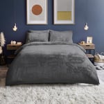 Silentnight Teddy Fleece Duvet Set - Teddy Bear Bedding Fluffy Fleece Duvet Cover and Pillowcase Set Warm Cosy and Super Soft - Double - 200x200cm - Charcoal Grey