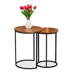 Relaxdays Table d'appoint en Lot de 2, Bois d'acacia, Design Rond, pour Le Salon ou l'entrée, Marron et Noir, 52,5 x 39,5 x 39,5 CN