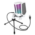 FIFINE USB Microphone for Gaming Streaming, PC Computer Desktop RGB Mic with Condenser Cardioid Capsule, Gain Knob, Shock Mount, Stand for Home Use, Online Meeting on Mac OS, Windows-A6V White