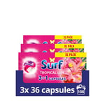 Surf 3 in 1 Tropical Lily Laundry Washing Detergent Capsules joy-infused fragrance with natural essential oils lasting up to 12 hours in wear for brilliantly clean results 108 washes (3x 36 capsules)