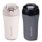 Coffee Cup, Travel Coffee Mug 400ml x 2 Pack, Vacuum Insulated Stainless Cups with Lids and Straws, Reusable Leakproof Bottle for Hot Cold Drinks, Car Thermos Gift for Men and Women, Grey White