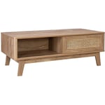 Sweeek - Table basse avec 2 niches. 1 porte coulissante. effet bois et cannage. pieds eucalyptus