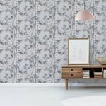 Arthouse Birds & Bamboo Wallpaper Textured Grey Pink Jungle Tropical 296401