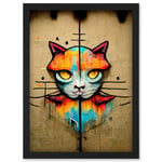 Vibrant Symmetrical Street Art Mural Graffiti Cat Artwork Framed Wall Art Print A4