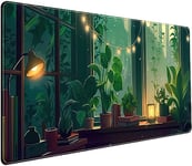 Joli sous-main vert Lofi avec plantes, tapis de souris, esthétique de la forêt d'anime, tapis de bureau nature, XXL grand tapis de souris étendu de jeu pour PC, ordinateur portable, clavier et souris,