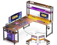 ODK Bureau Gaming avec LED, Bureau avec Étagère Réversible, Bureau en L avec Prises et Ports USB, Bureau Gaming Brun Vintage avec Compartiments et Rangement, 168×120 cm