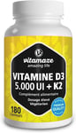 Vitamine D3 K2 (5000 UI D3 + K2 100Mcg) Menaquinon MK7 Dépôt - 180 Comprimés Pou