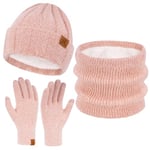 Femme Hiver Bonnet Chapeau Foulard Écran Tactile Gants Ensemble Imitation Velours Tricot Polaire Doublé Casquette Écharpe Gant Cadeaux pour Femmes