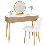 WOLTU Ensemble Coiffeuse avec Miroir LED Réglable et Chaise en Velours, Table de Maquillage avec 3 Tiroirs en Bois Massif, Grand Plateau 100x40cm, Bureau Coiffeuse, Kaki + Or, MB6105kk