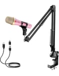 TONOR USB/Type C Dynamic Microphone for PC, RGB Podcast Computer Gaming Mic with Boom Arm for Recording, Live, Streaming, YouTube, Singing, Studio,Karaoke Microfono with Quick Mute Button Pink