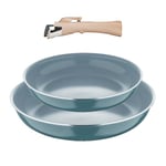 BERGNER CLICK&COOK - Set 2 Poêles (22+26 cm) avec Poignée amovible - Aluminium pressé - Revêtement intérieur gris - Compatible induction - Vert