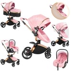 Sianldcone Cuir PU Poussette 3 en 1, 360° Siège Pivotant Poussette Bebe, Poussoir Bidirectionnel Poussette Avec Cosy, Vision Buverte Poussettes Combinées (906 Pink)