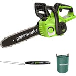 Greenworks 40V 30cm Tronçonneuse SANS Batterie 40V Ni Chargeur + Greenworks 30cm Chaîne de remplacement + Greenworks barre de remplacement de 30 cm + Sac à déchets de jardin Greenworks 120 L