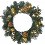 Upplyst julkrans med led-ljus, 40 cm förupplyst dörrkrans med ornament, batteridriven konstgjord krans ytterdörr Hängande Garlan00