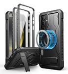 Dexnor Magnetic Case for Samsung Galaxy S24 Plus Case with Adjustable Kickstand & 2 Front Frames & Built-in Screen Protector, MagSafe Compatible Rugged Shockproof Full-body Protective Cover - Black