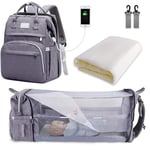 SNDMOR Sac à Langer pour Bébé Sac à Dos, Sacs à Langer Grande Capacité, Sac à Langer de Voyage Portable Avec Lit Pliable, Sac à Dos pour Lit Bébé (Gris)