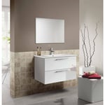 Dmora - Meuble de comptoir Inglewood, Meuble de salle de bain suspendu, Armoire avec 2 tiroirs et miroir, cm 80x45h57, Blanc brillant, avec emballage