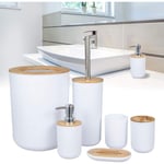 6 accessoires de salle de bain en bambou respectueux de l'environnement avec distributeur de lotion, poubelle, porte-brosse à dents, gobelet, brosse