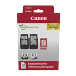 Canon PG-510/CL-511 Value Pack de 2 Cartouches (Noir Couleur) +50 Feuilles Papier Photo 10x15cm Certifié (Carton Recyclable 2024)