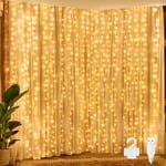 Ollny Curtain Fairy Lights, 200 LED 2m x 2m USB String Light Indoor Outdoor Waterproof Warm White Hanging Window Lights with Hooks, Bedroom/Outside/Wall/Door/House/Garden Decorations