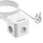 Multiprise USB, 7 en 1 Cube Multiprise 3 Prises avec 4 USB Chargeur avec Interrupteur, Multi Parasurtenseur Parafoudre et Surtension Triple Prise avec 2M de câble pour Bureau, Maison, Blanc