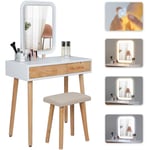 Coiffeuse avec Miroir led Table de maquillage Coiffeuse et tabouret Miroir carré + 2 Tiroir Couleur du bois - Puluomis