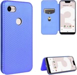 Compatible Avec Coque Google Pixel 3 Xl, Mince Flip Fibre De Carbone [Test De Chute] Antichoc Stand Fente Avec Carte, Protecteur D'écran En Verre Trempé*2-Bleu