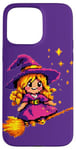 Coque pour iPhone 15 Pro Max Pixelated Petite sorcière violette sur un balai pour enfants