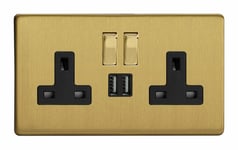 Varilight XDB5U2SBS Screwless Brushed Brass 2 Gang 13A Plug Socket 2.1A USB