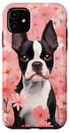 Coque pour iPhone 11 Boston Terrier et fleurs de cerisier roses en rose