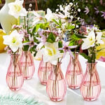 Talking Tables 6x Pink Glass Bud Vase for Flowers Small Ribbed Narrow Necked Bulk Clear Bottles for Table Decoration, Home Décor, Arrangements, Wedding Centrepieces for Table Decorations, Windowsill