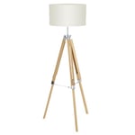 Eglo Lampadaire trépied Lantada, lampe à poser vintage, luminaire salon sur pied en bois, acier et textile, nature et beige, avec interrupteur à pied, certifié FSC, douille E27