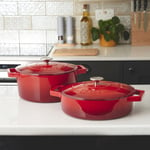 Cast Iron Pot Pan Casserole Dish Set Cooking Hob Oven 2 Piece 26cm / 28 cm Red