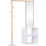Porte-manteaux meuble d'entrée vestiaire penderie avec miroir 4 patères 2 niches dim. 100L x 34l x 164H cm mdf blanc bois massif bambou - Homcom