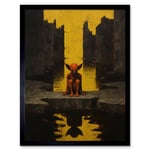 Nosferatu Lair Conceptual Art Oil Painting Yellow Sky Castle Ruins Red Demon Water Reflection Art Print Framed Poster Wall Decor 12x16 inch