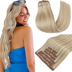 RUNATURE Extension a Clip Cheveux Humain Blond Extension de Cheveux a Clip Naturel Blond Cendré Foncé avec Blond Platine Extension Cheveux Naturel Clip 18 Pouces/45cm 7pcs/120g #18P60