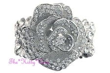 Vintage Deco 3D Rose Flower Floral Wide Silver Cuff Bracelet w Swarovski Crystal